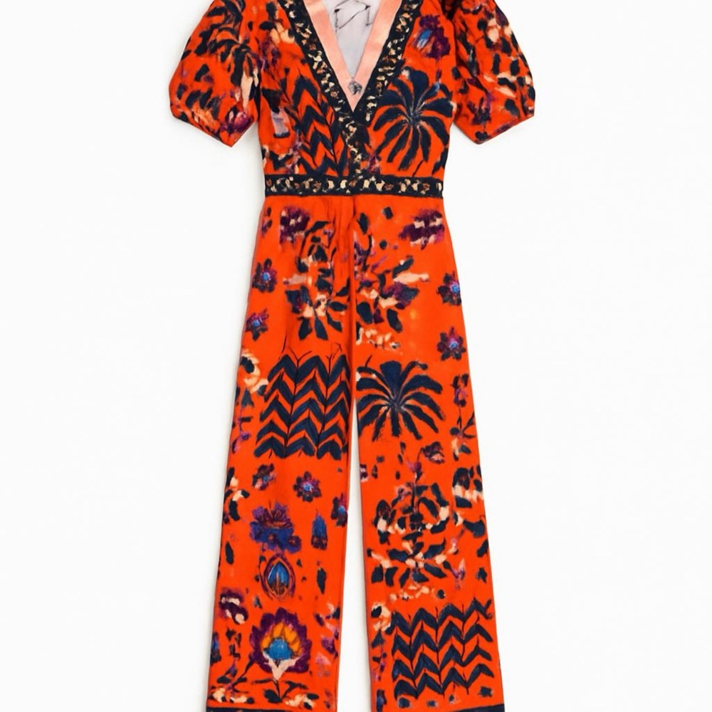 FARM Rio Orange Floral & Palm Print Jumpsuit